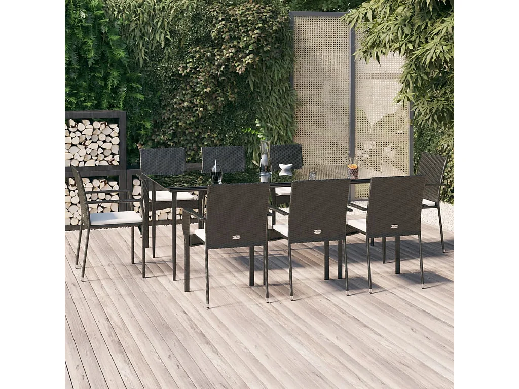 Albert  Ensemble à manger jardin 9pcs et coussins noir résine tressée