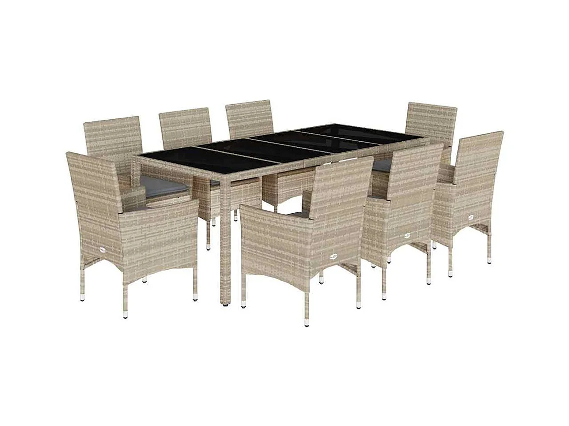 Stafford Springs  Ensemble à manger de jardin avec coussins 9 pcs rotin et verre