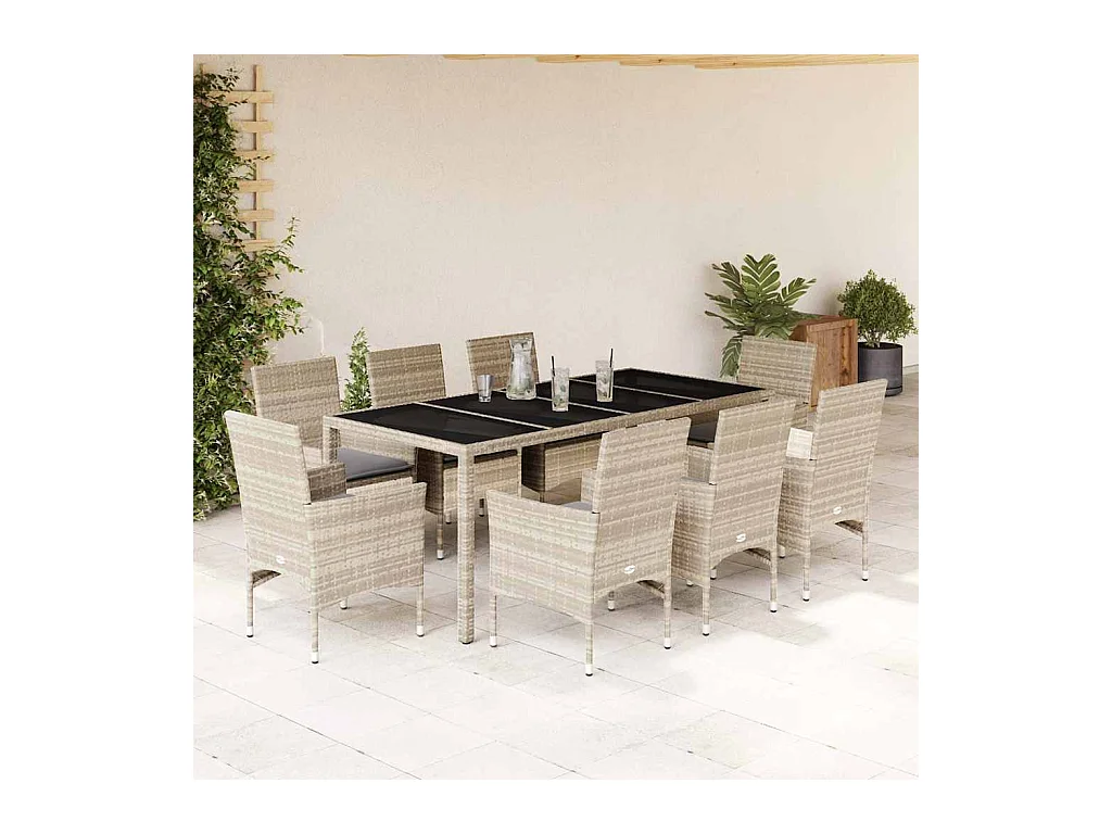 Stafford Springs  Ensemble à manger de jardin avec coussins 9 pcs rotin et verre