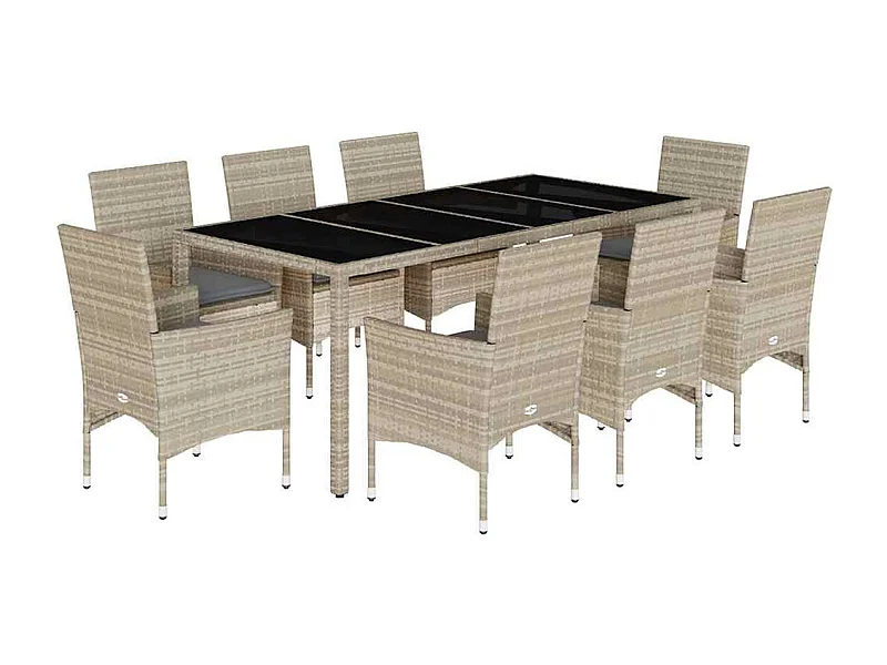 Stafford Springs  Set de comedor jardín 9 piezas y cojines ratán PE y vidrio gris