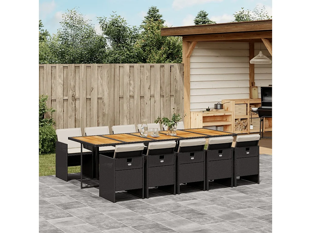 Ljungby  Set de comedor jardín 11 pzas con cojines ratán sintético negro