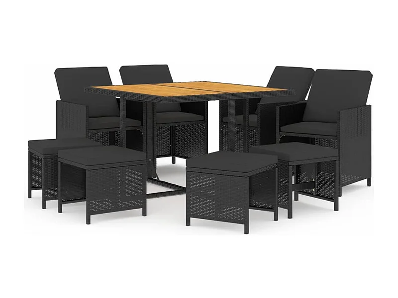 Hugo  Ensemble à manger de jardin coussins 9pcs Résine tressée Noir