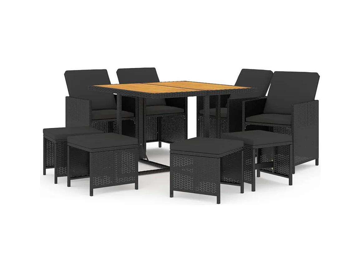 Hugo  Ensemble à manger de jardin coussins 9pcs Résine tressée Noir