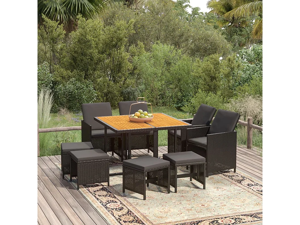 Hugo  9-delige Tuinset met kussens poly rattan zwart