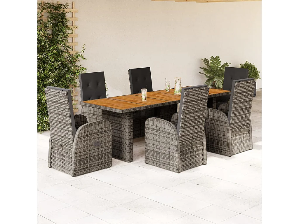 Central Valley  Ensemble à manger de jardin et coussins 7 pcs gris rotin