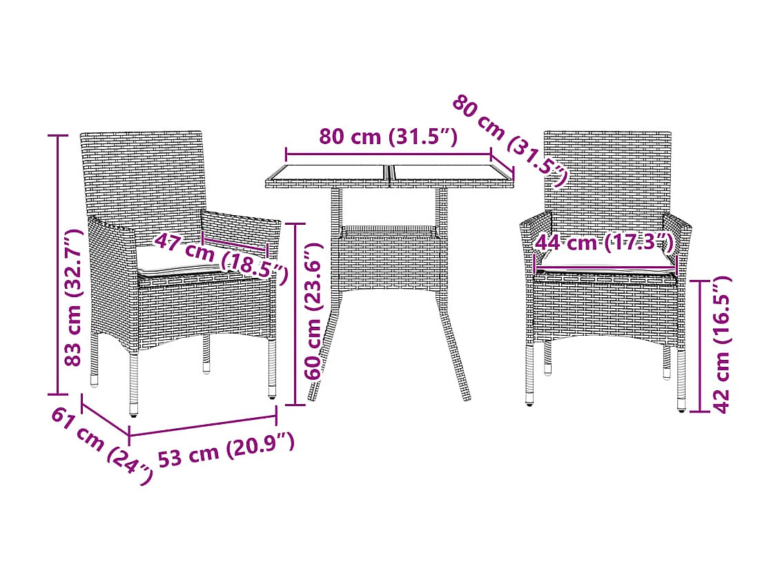 Yorba Linda  Set comedor jardín 3 pzas y cojines ratán sintético vidrio gris