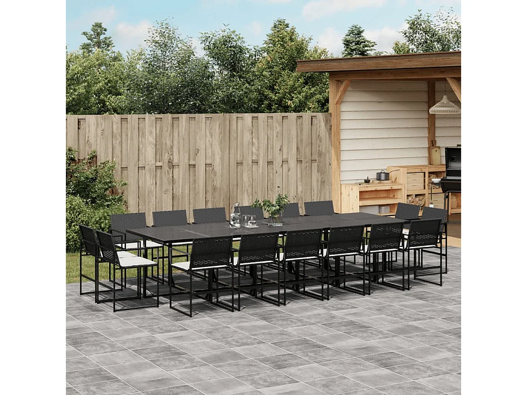 Warren  Ensemble à manger de jardin 17 pcs coussins noir résine tressée