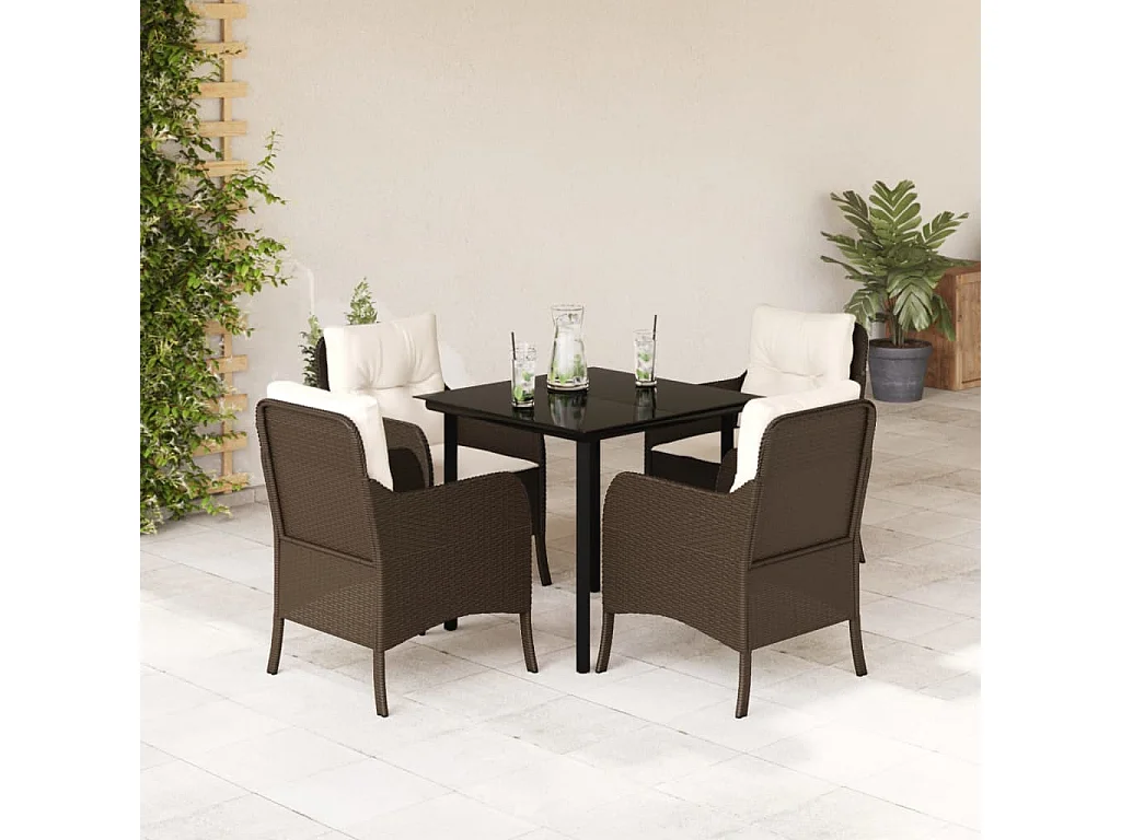 Rini  Ensemble à manger de jardin 5 pcs et coussins marron poly rotin