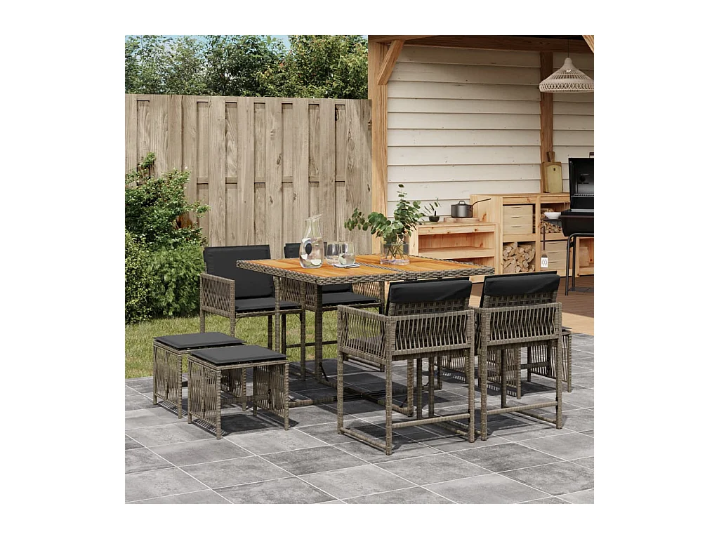 Xeli  Ensemble à manger de jardin 9 pcs coussins gris résine tressée