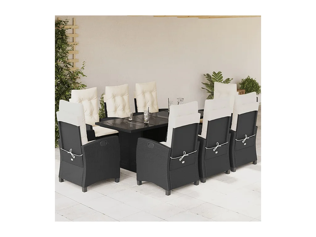 Bryndra  Set de comedor de jardín 9 pzas y cojines ratán sintético negro