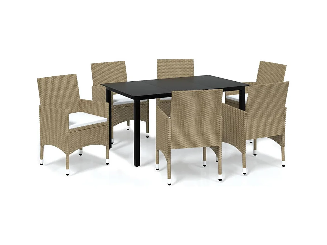 Wausau  Ensemble à manger de jardin et coussins 7 pcs Poly rotin Beige