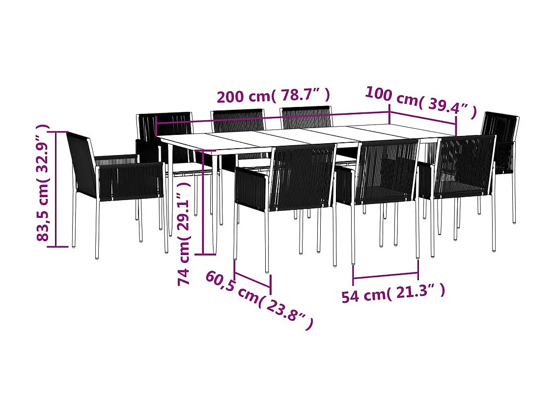 Giovanni Carlo  Ensemble à manger de jardin 9 pcs coussins noir rotin et acier