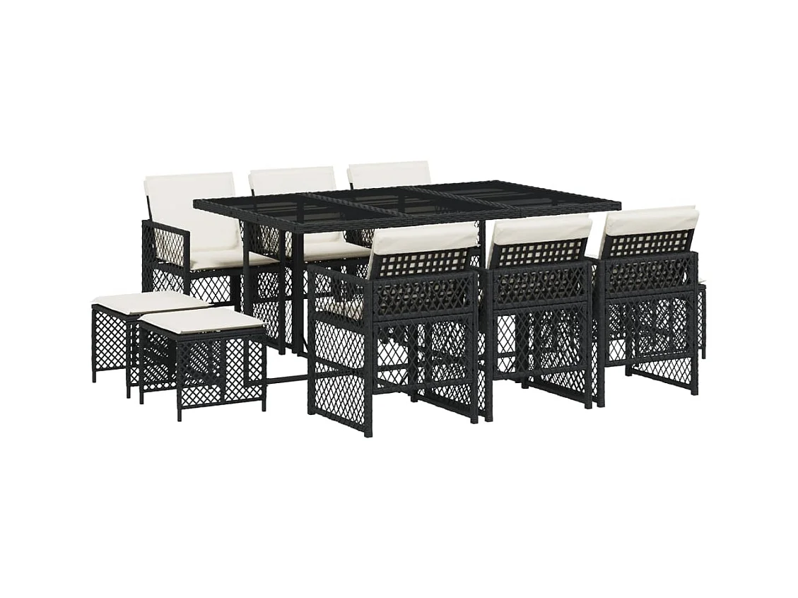 Lubbeek  Set de comedor jardín 11 pzas con cojines ratán sintético negro
