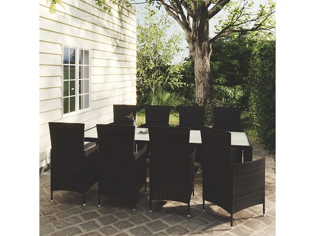 Ewald  Ensemble à manger d'extérieur 9pcs coussins résine tressée noir