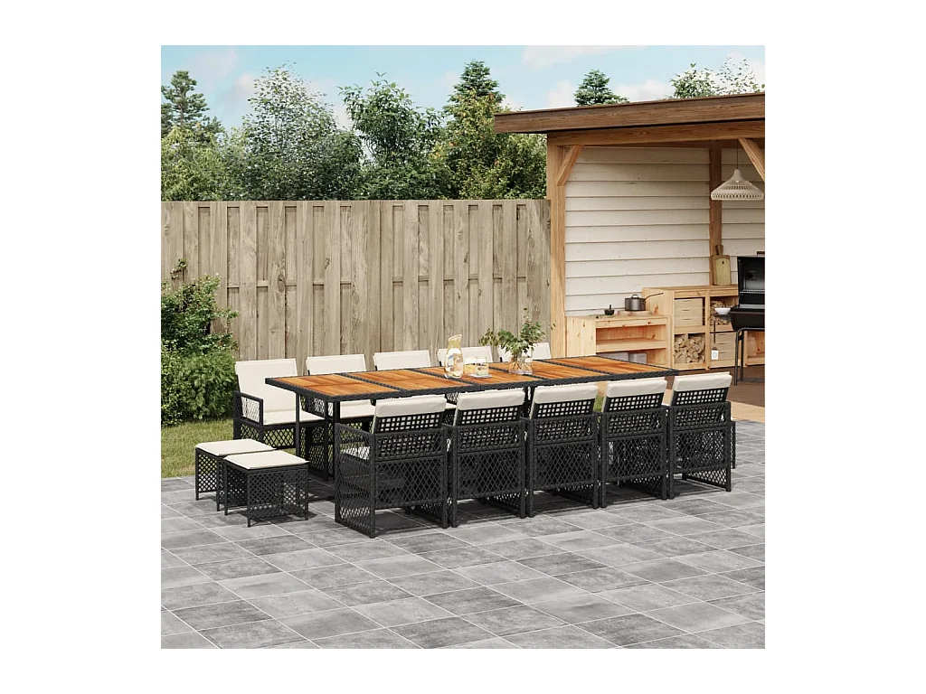 Lubbeek  Ensemble à manger de jardin 15 pcs coussins noir résine tressée