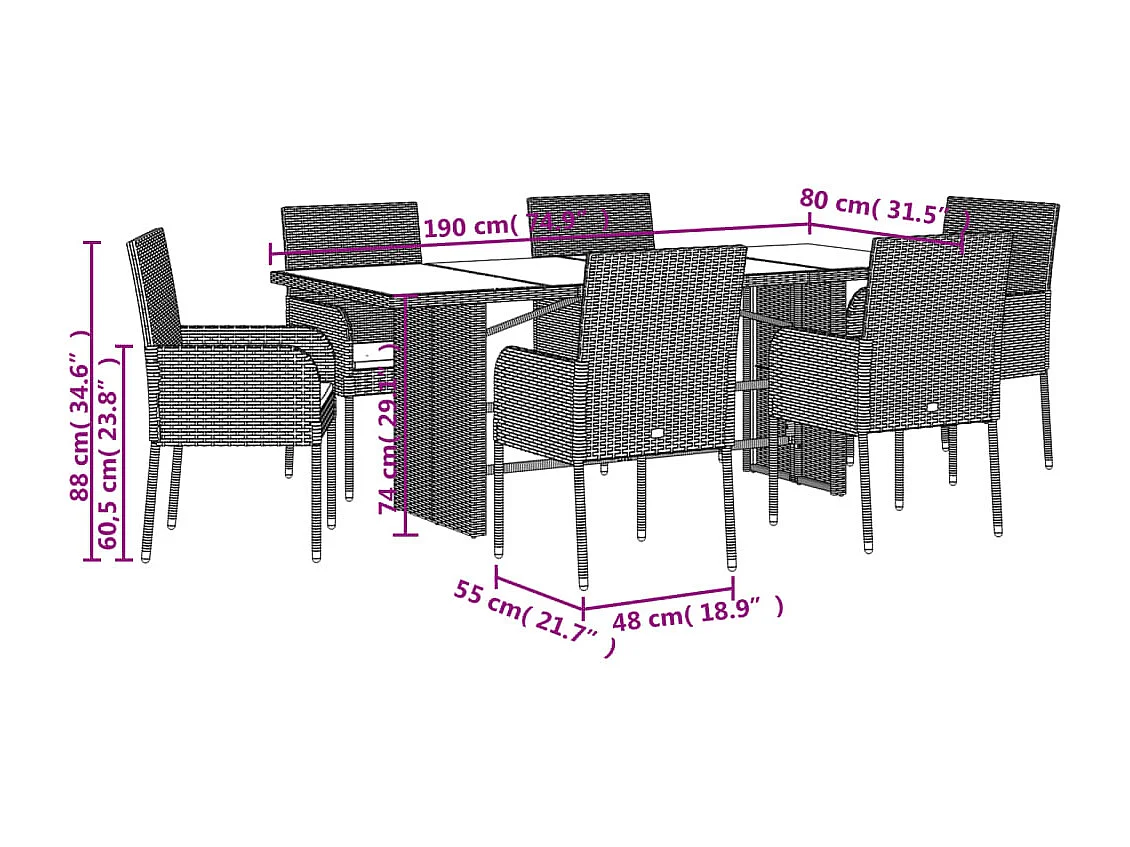 Ymir  7-delige Tuinset met kussens poly rattan grijs