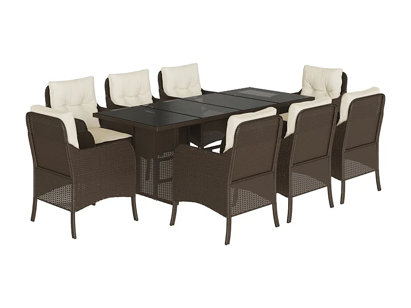 Karlyn  Set comedor para jardín 9 pzas y cojines ratán sintético marrón