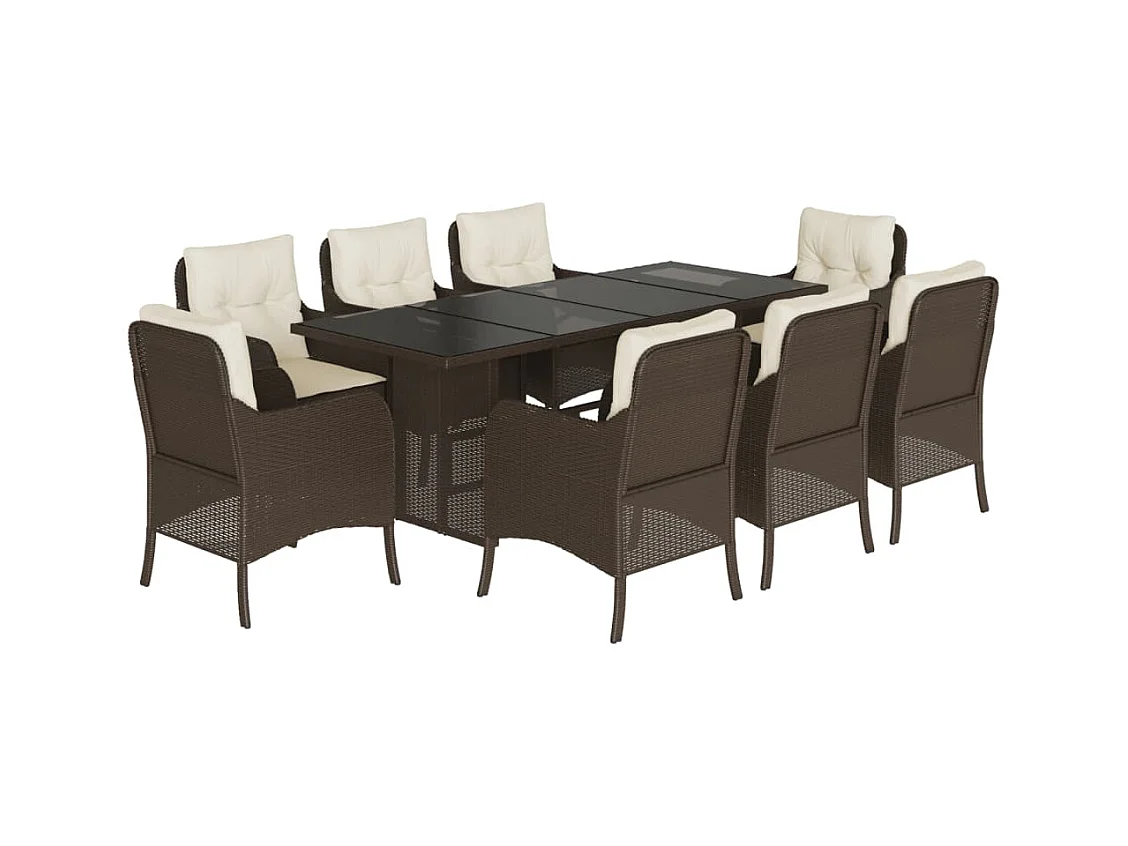 Karlyn  Set comedor para jardín 9 pzas y cojines ratán sintético marrón