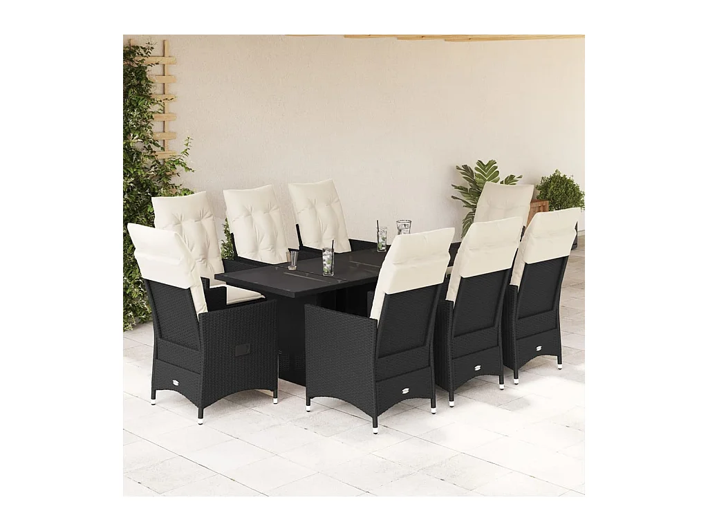 Garden Furniture -  Set de comedor de jardín 9 pzas y cojines ratán sintético negro
