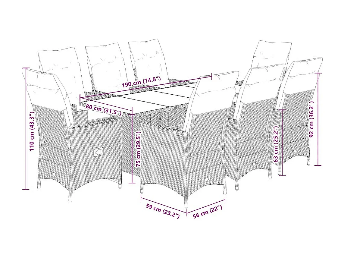 Garden Furniture -  Ensemble à manger de jardin 9pcs coussins noir résine tressée