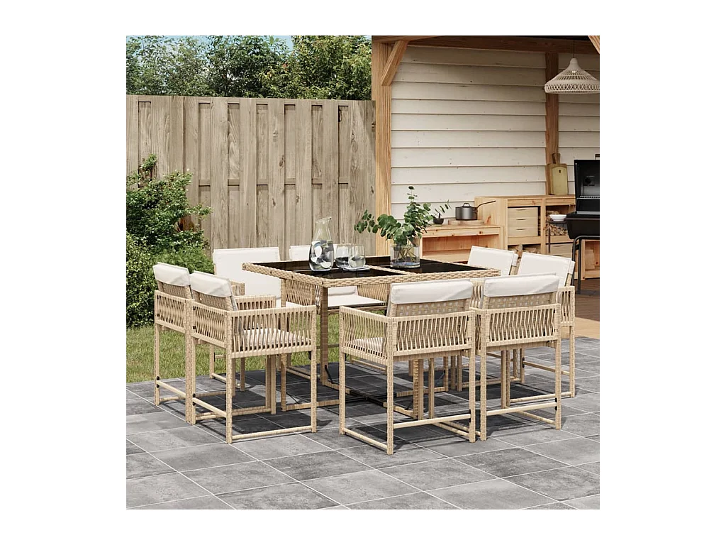 Emilia  9-delige Tuinset met kussens poly rattan beige