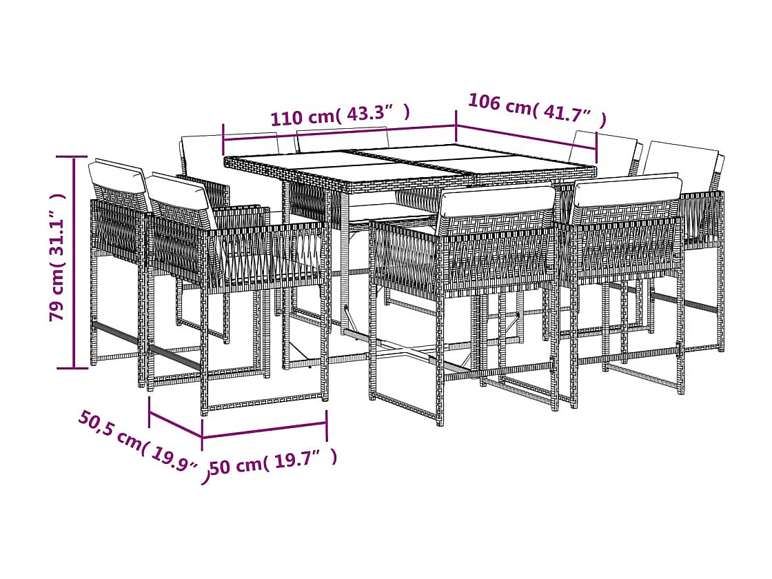 Emilia  Set comedor de jardín 9 pzas con cojines ratán sintético beige