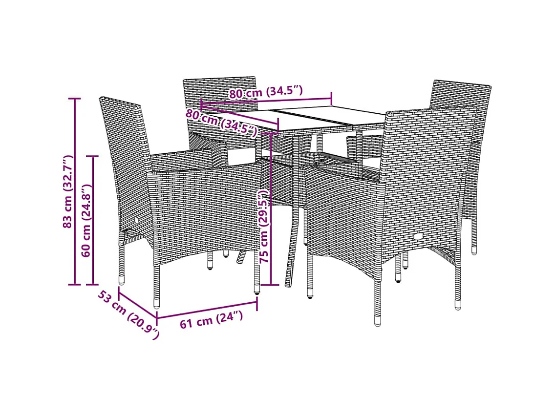 Yorba Linda  Ensemble à manger de jardin avec coussins 5 pcs rotin et verre