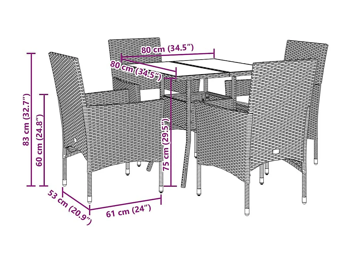 Yorba Linda  Ensemble à manger de jardin avec coussins 5 pcs rotin et verre