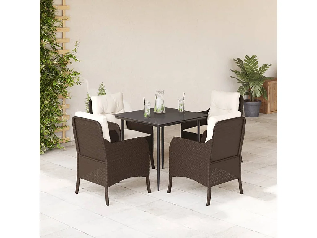 Rini  Ensemble à manger de jardin 5 pcs et coussins marron poly rotin