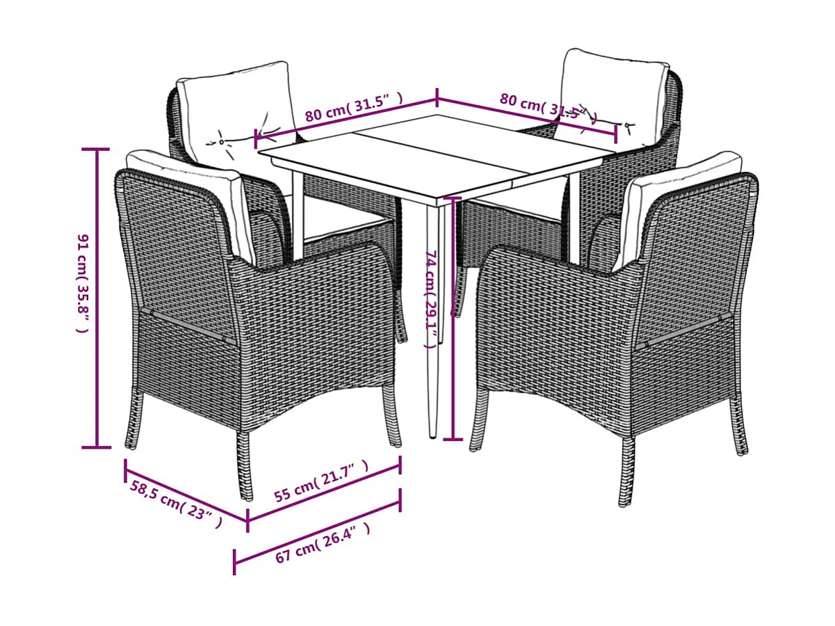 Rini  Ensemble à manger de jardin 5 pcs et coussins marron poly rotin
