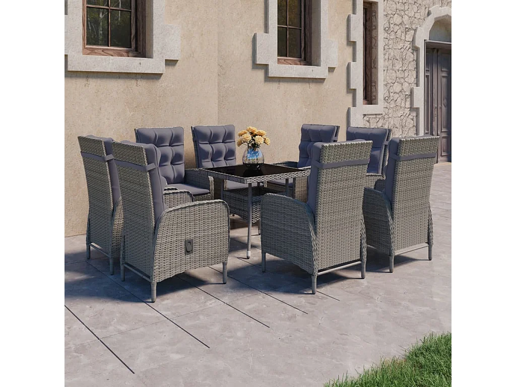 Tatum  Ensemble à manger de jardin 9 pcs Résine tressée et verre Gris