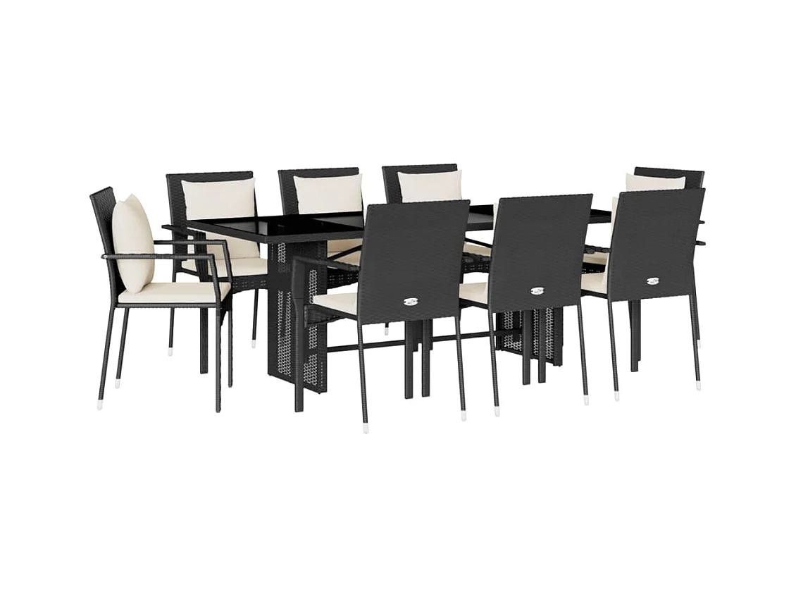 Tijn  Set de comedor de jardín 9 pzas y cojines ratán sintético negro