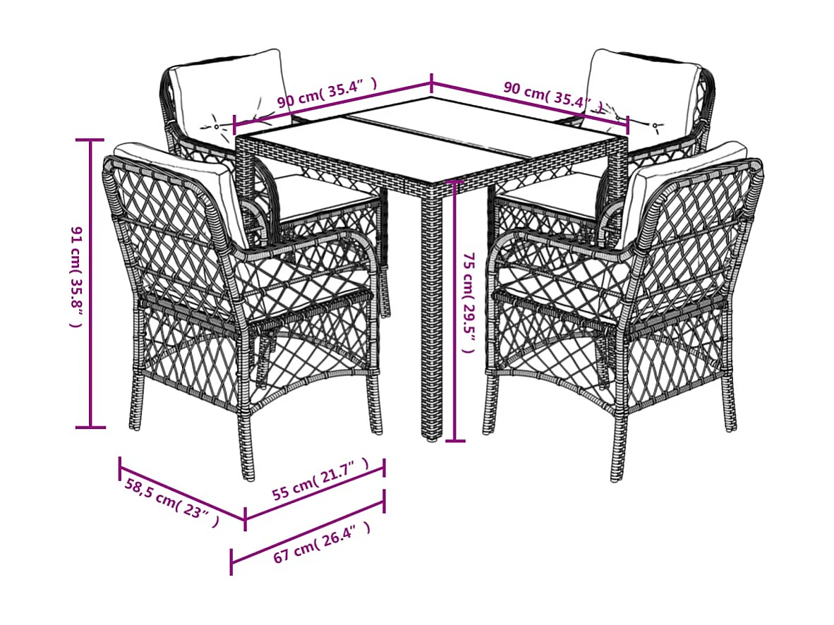 Harmelen  Ensemble à manger de jardin 5 pcs coussins gris résine tressée