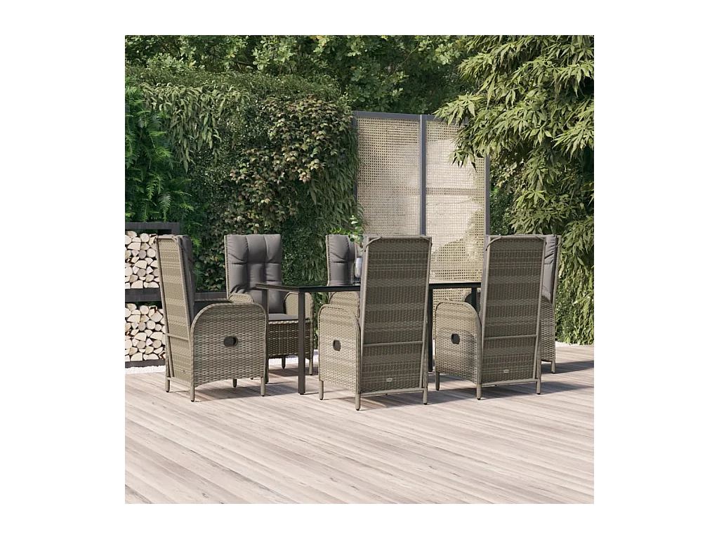 De Haan  Ensemble à manger jardin et coussins 7 pcs Noir et gris Rotin