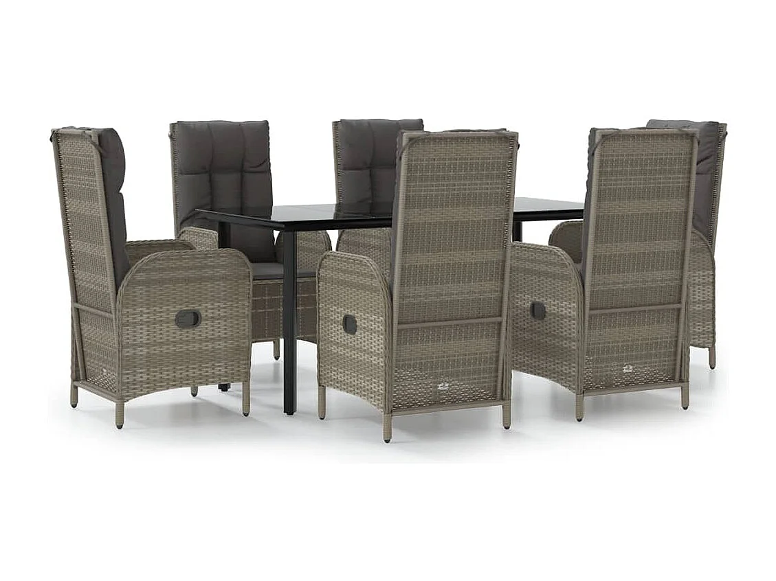 De Haan  Ensemble à manger jardin et coussins 7 pcs Noir et gris Rotin