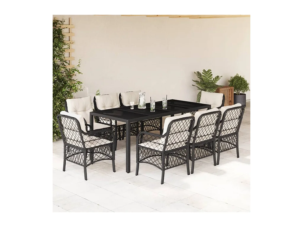Harmelen  Set de comedor de jardín 9 pzas y cojines ratán sintético negro