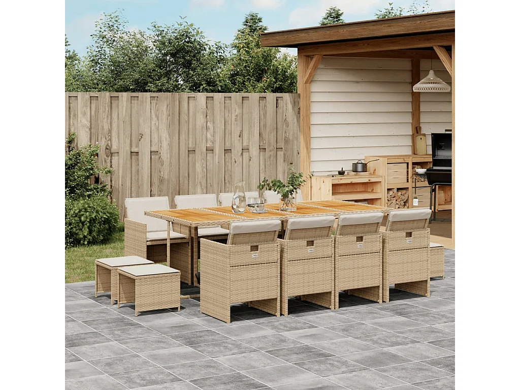 Bonno  Set comedor de jardín con cojines 13 pzas ratán sintético beige