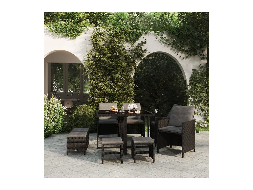 Hugo  Ensemble à manger de jardin coussins 9pcs Résine tressée Noir