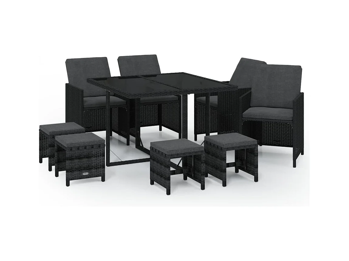 Hugo  Set de comedor de jardín 9 pzas y cojines ratán sintético negro