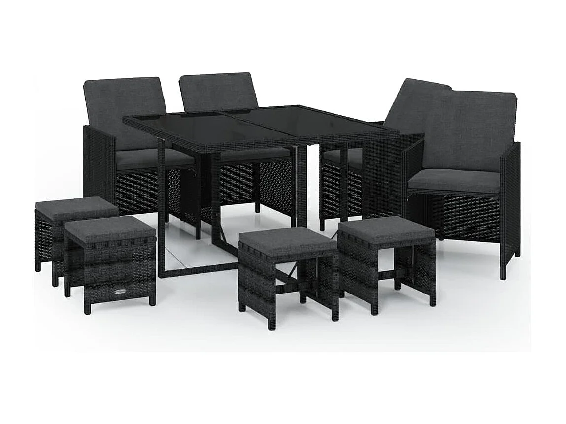 Hugo  Ensemble à manger de jardin coussins 9pcs Résine tressée Noir