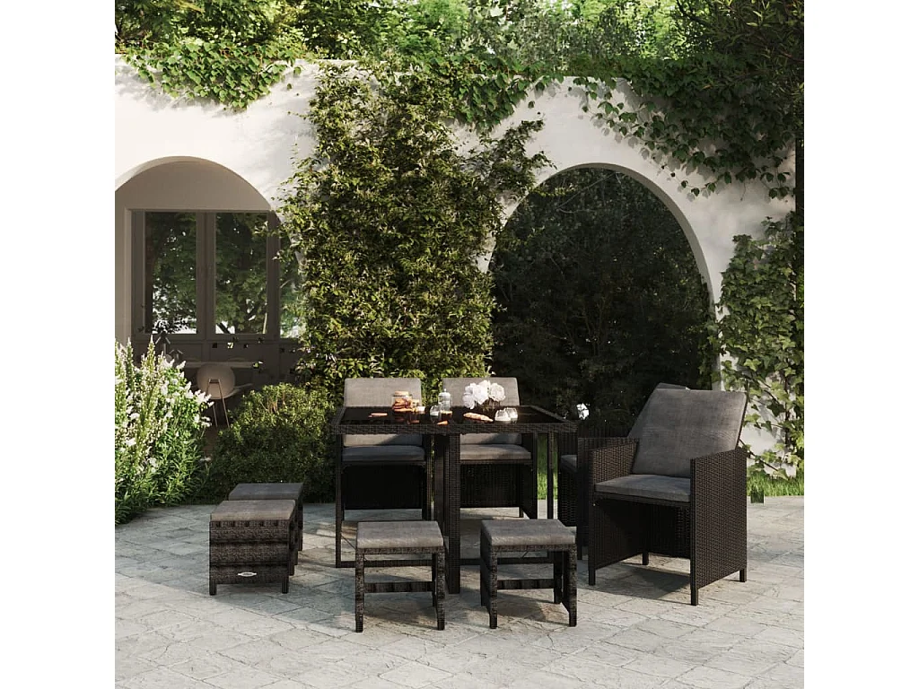 Hugo  Ensemble à manger de jardin coussins 9pcs Résine tressée Noir