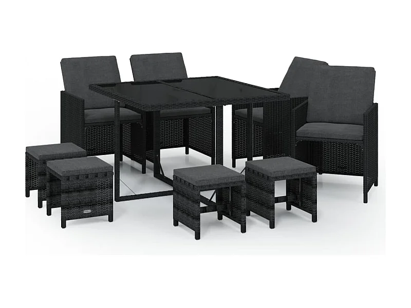 Hugo  Ensemble à manger de jardin coussins 9pcs Résine tressée Noir