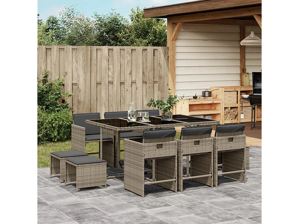 Zenn  11-delige Tuinset met kussens poly rattan grijs