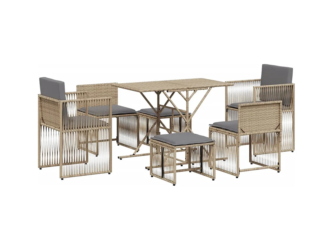 Cille  Ensemble à manger de jardin et coussins 7 pcs beige poly rotin