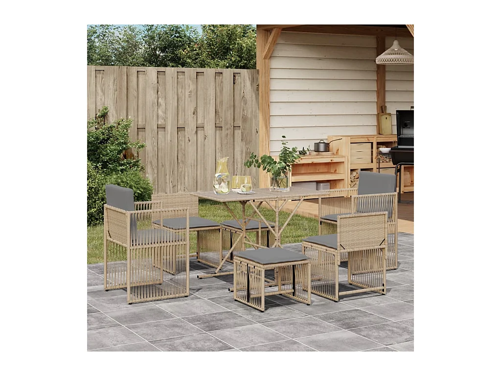 Cille  Ensemble à manger de jardin et coussins 7 pcs beige poly rotin