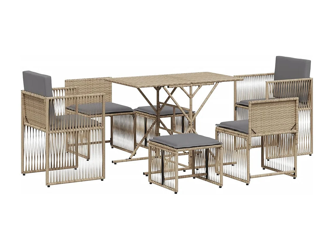 Cille  Ensemble à manger de jardin et coussins 7 pcs beige poly rotin