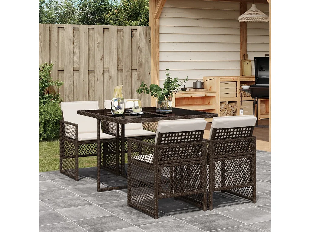 Connersville  Ensemble à manger de jardin 5 pcs et coussins marron poly rotin