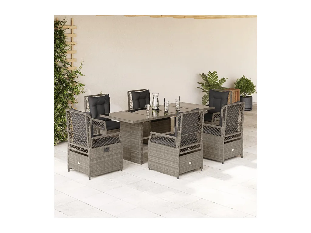 Veteli  Ensemble à manger de jardin et coussins 7 pcs gris clair rotin