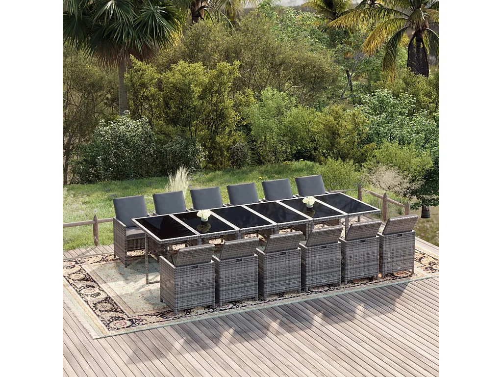 Browns Mills  Set comedor jardín 13 pzas con cojines ratán sintético gris