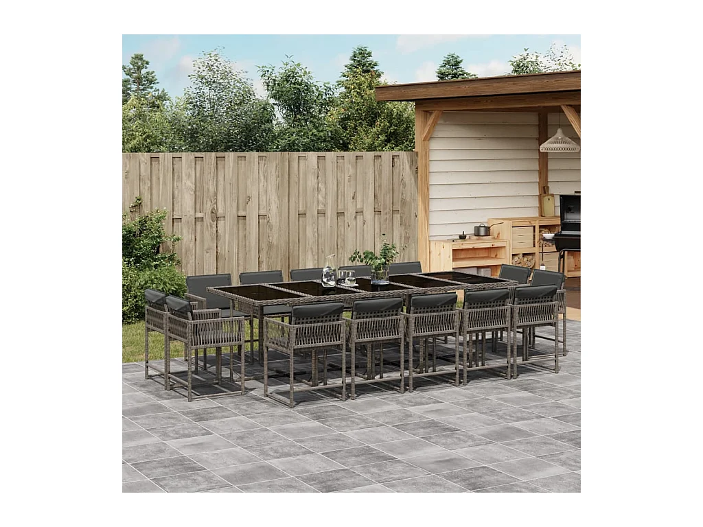 Emilia  Ensemble à manger de jardin 15 pcs coussins gris résine tressée